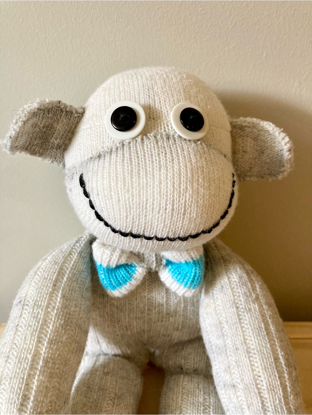 NEW! Adorable Handmade Sock Monkey Plush Toy with Blue Bow Tie